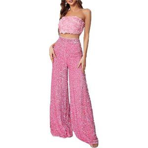 2 Piece Set Cute 3D Flower Strapless Crop Top & High Waist Leg Pants, Nightwear
